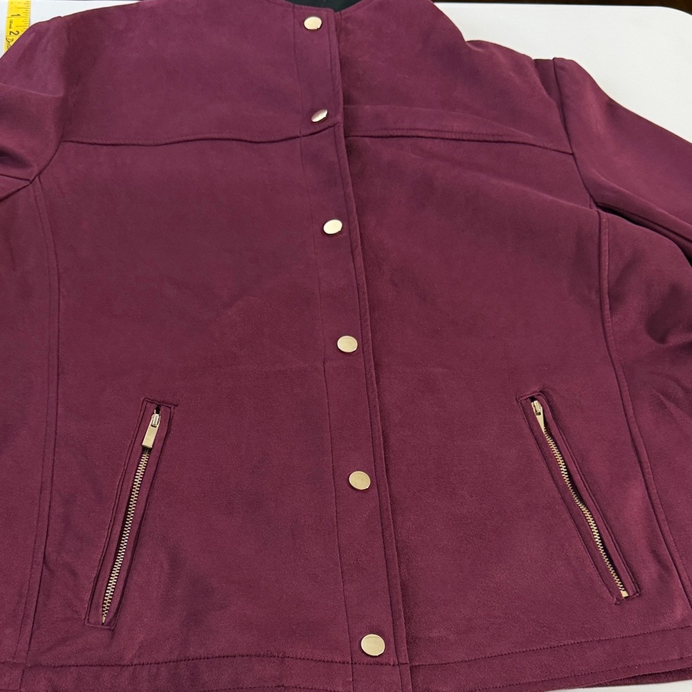 Chico’s Size 3 (XL/1X) Burgundy Moto Jacket Zip Pockets Stretch Blazer Plus - Picture 11 of 12